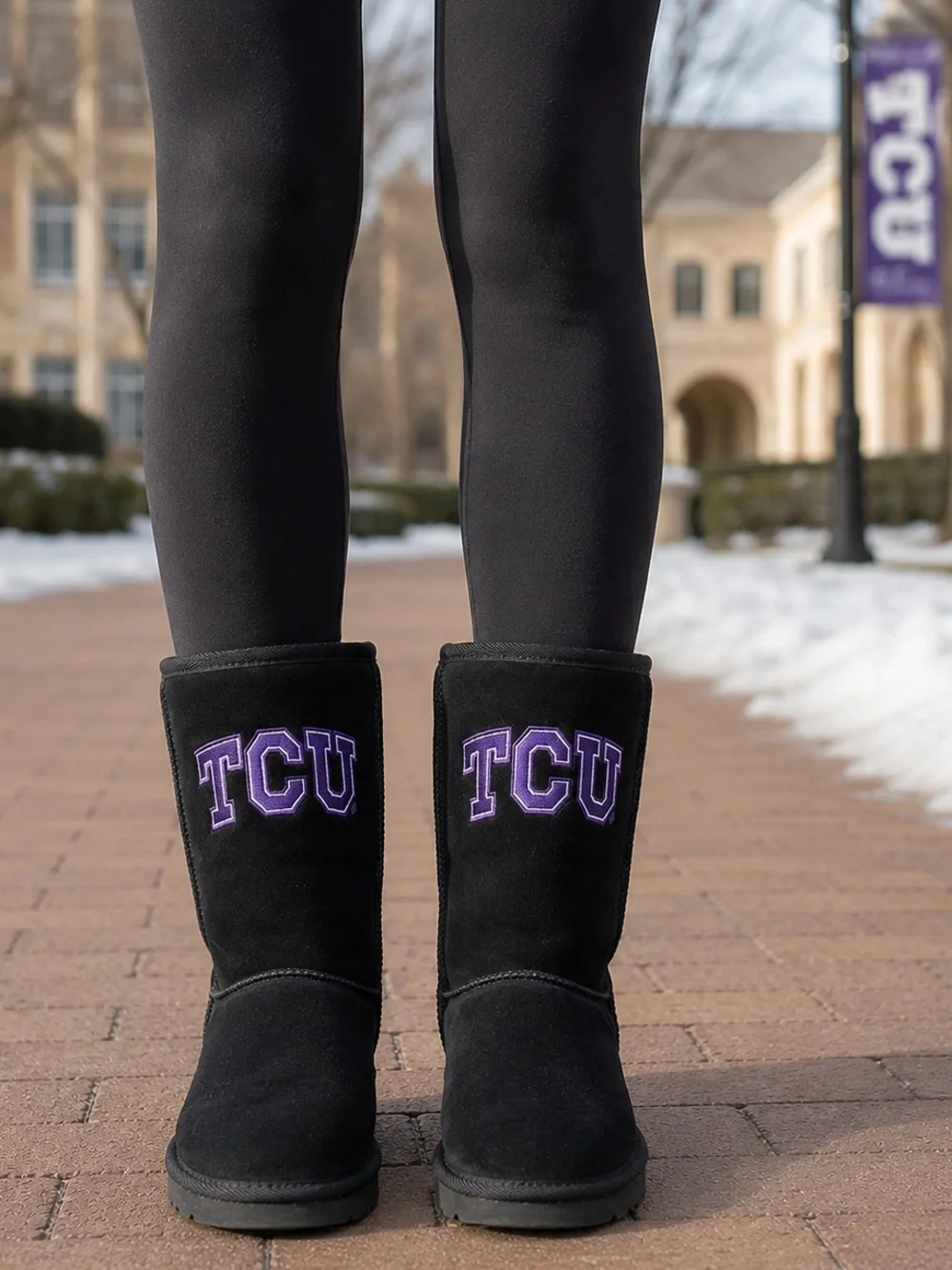 TCU 💜 Women’s Black Suede UGG-Style Calf-High, Faux Fur Boots (Size 9)
